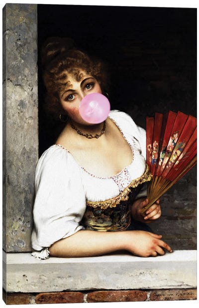 Woman Portrait With Bubblegum I Canvas Art Print - Bubble Gum