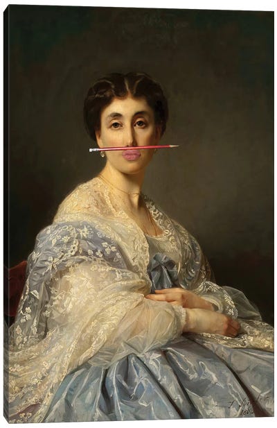 Seated Woman Pen On Lips Canvas Art Print - Historical Fashion Art