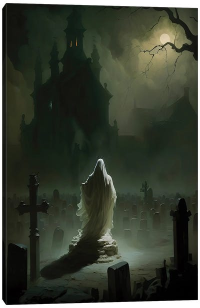 Ghost In The Graveyard By Moonlight Canvas Art Print - Horror Art