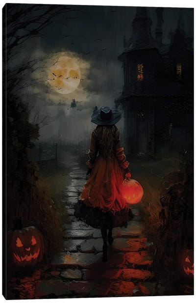 Halloween On A Moonlit Fall Night Canvas Art Print - Pumpkins