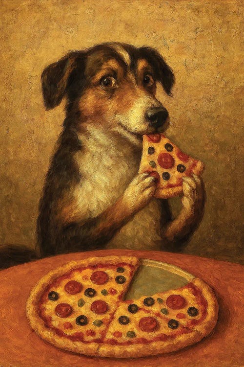 Dog Eating Pizza by Bona Fidesa wall art