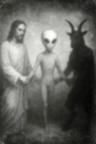 Jesus, Alien, And Demon by Bona Fidesa canvas print
