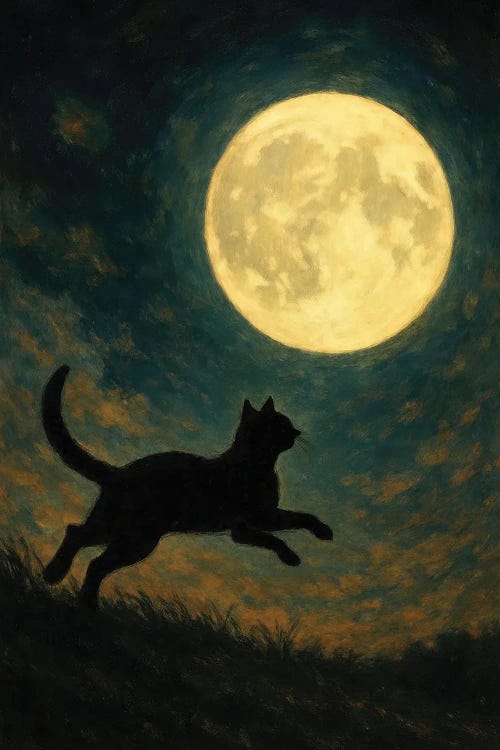 Cat Leaping Under Full Moon