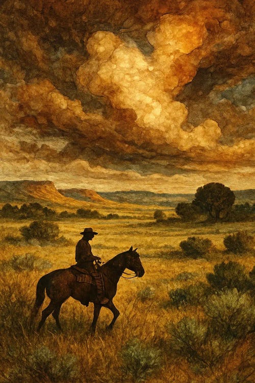 Cowboy Riding At Sunset