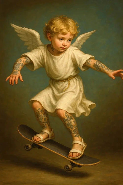 Tattooed Angel On Skateboard