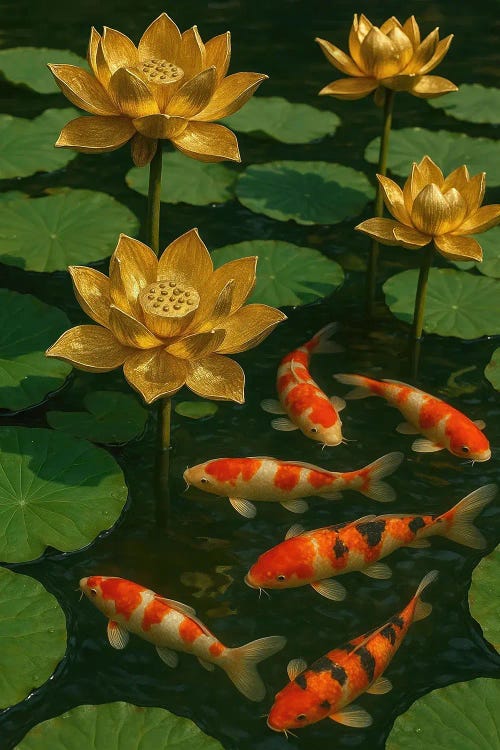 Golden Lotus And Koi Fish Pond