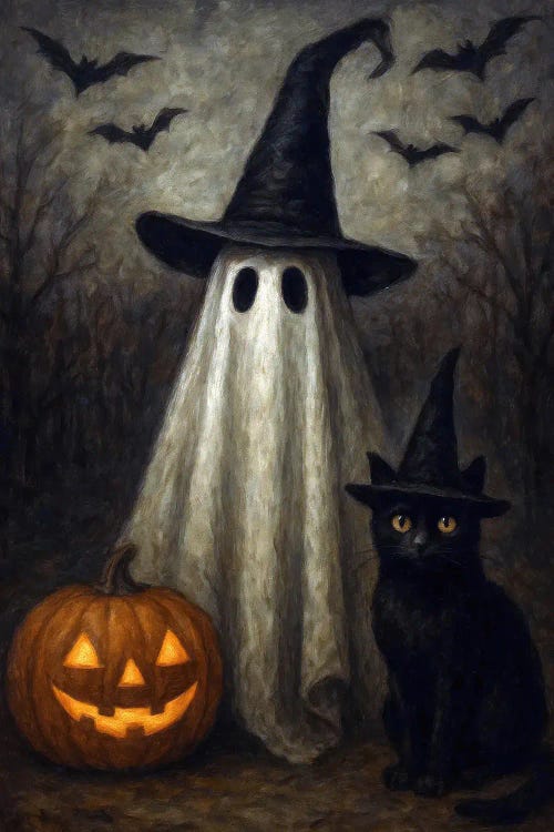 Vintage Halloween Cute Ghost And Black Cat In Dark Forest by Bona Fidesa wall art