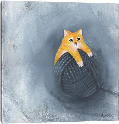 Orange Cat On Ball Of Yarn Canvas Art Print - Brigid Malloy