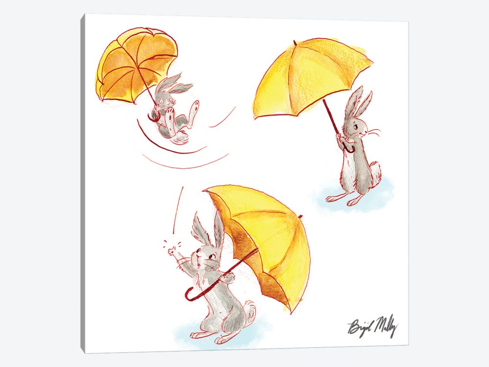 Rabbit With Yellow Umbrella by Brigid Malloy 1-piece Canvas Wall Art