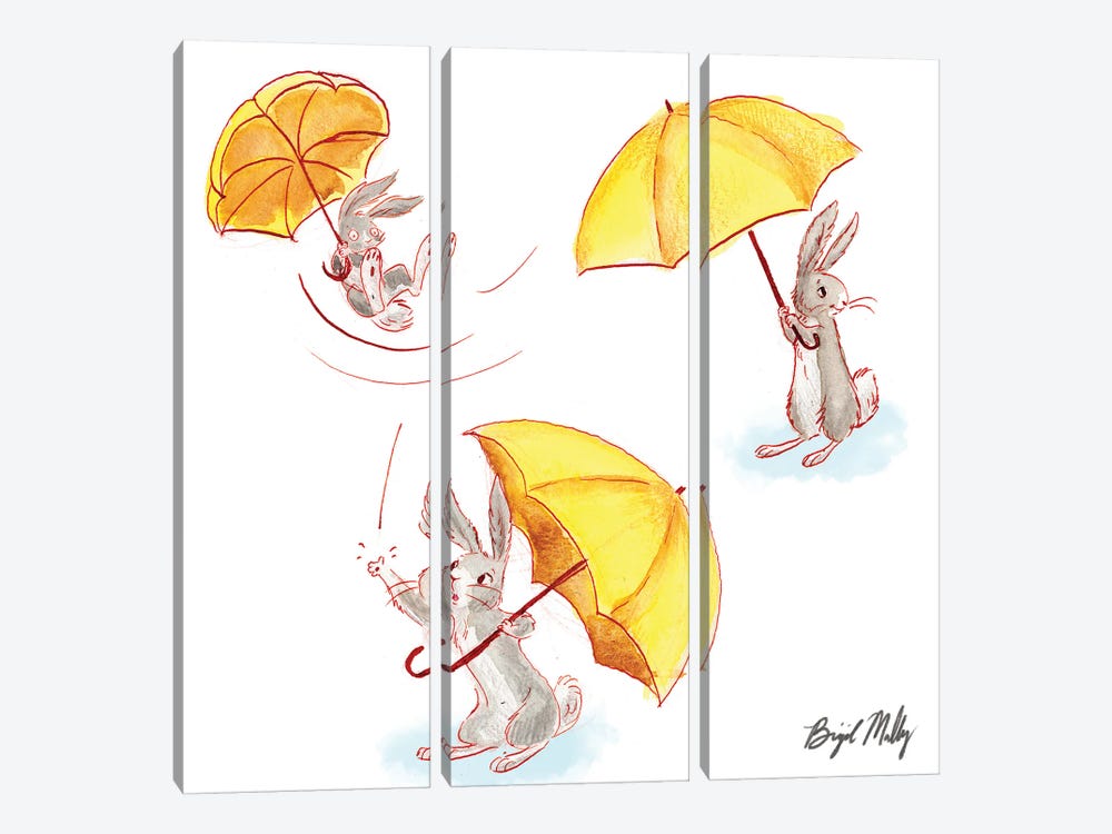 Rabbit With Yellow Umbrella by Brigid Malloy 3-piece Canvas Art