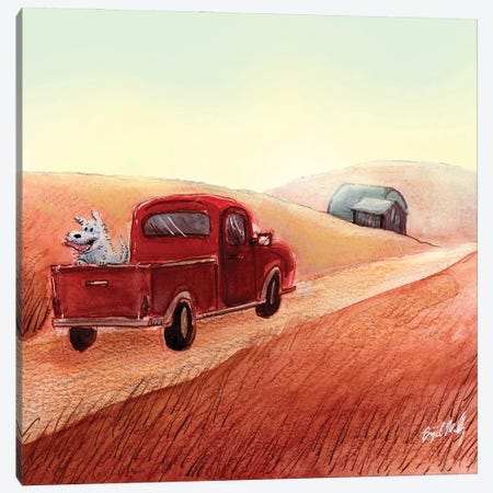 Doggo In Red Pickup Truck Canvas Print #BGM39} by Brigid Malloy Canvas Wall Art