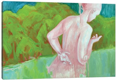 Pink Figure In Green Canvas Art Print - Celery