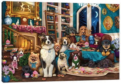 Dogs In The Library Canvas Art Print - Tea Art