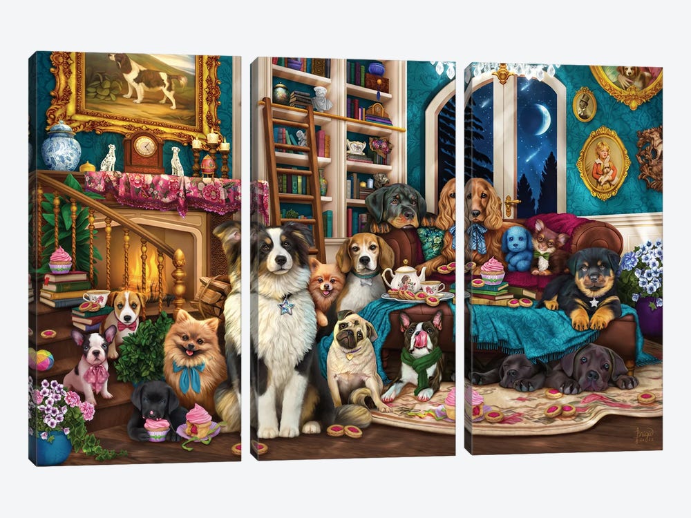 Dogs In The Library by Brigid Ashwood 3-piece Canvas Print