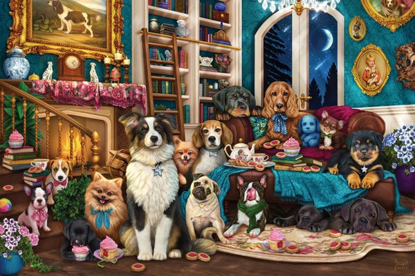 Fireplaces & Mantles: Dogs In The Library by Brigid Ashwood