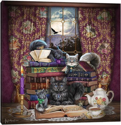 Storytime Cats And Books Canvas Art Print - Tea Art