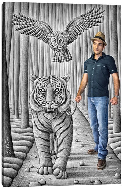 Pencil vs. Camera - 74 - Tiger and Owl Canvas Art Print - Ben Heine