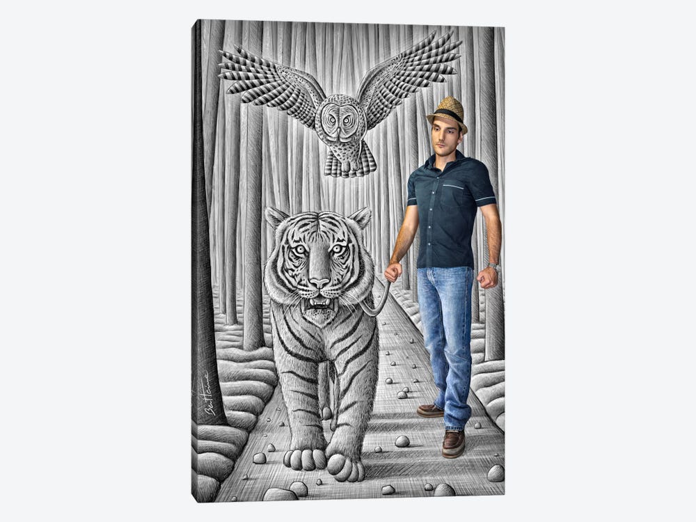Pencil vs. Camera - 74 - Tiger and Owl by Ben Heine 1-piece Art Print