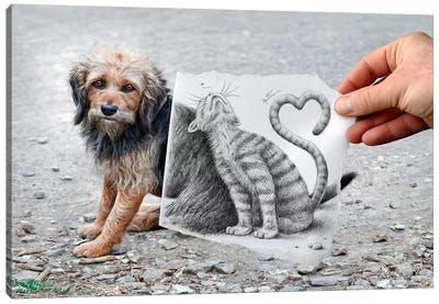 Pencil vs. Camera 58 - Cat and Dog Canvas Art Print - Ben Heine