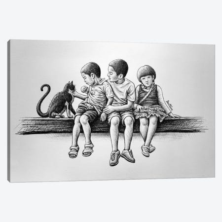 Children With Cat Canvas Print #BHE70} by Ben Heine Canvas Artwork