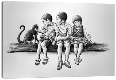 Children With Cat Canvas Art Print - Ben Heine