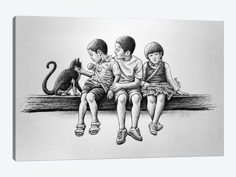Children With Cat by Ben Heine 1-piece Canvas Wall Art