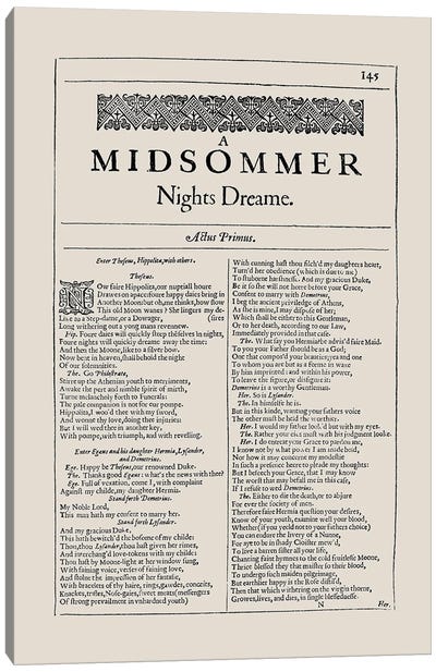 A Midsummer Night's Dream First Folio Page In Almond Canvas Art Print - Dark Academia