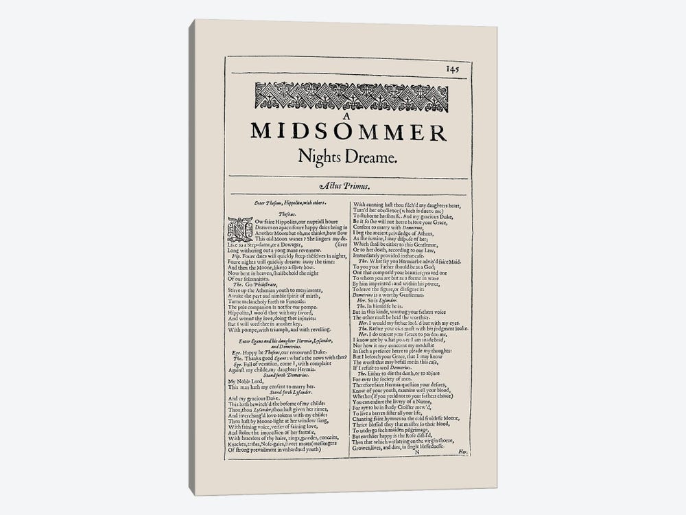 A Midsummer Night's Dream First Folio Page In Almond by Bibliotography 1-piece Canvas Wall Art