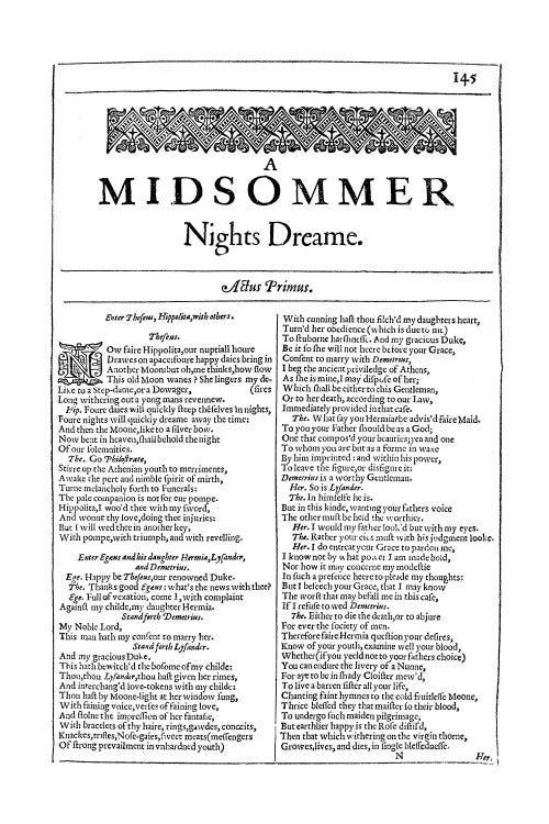 A Midsummer Night's Dream First Folio Page In White