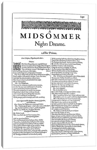 A Midsummer Night's Dream First Folio Page In White Canvas Art Print - Author & Journalist Art
