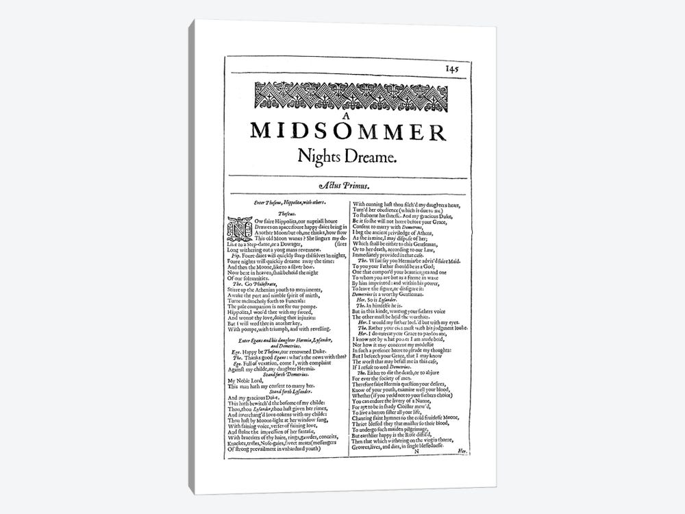 A Midsummer Night's Dream First Folio Page In White by Bibliotography 1-piece Canvas Print