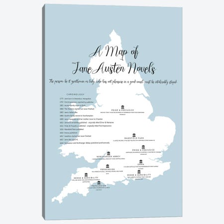 Map Of Jane Austen Novels Canvas Print #BIB35} by Bibliotography Canvas Print