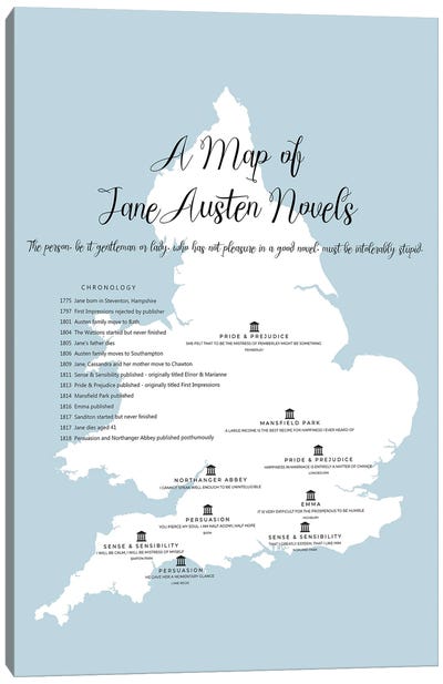 Map Of Jane Austen Novels Canvas Art Print - Reading Nook