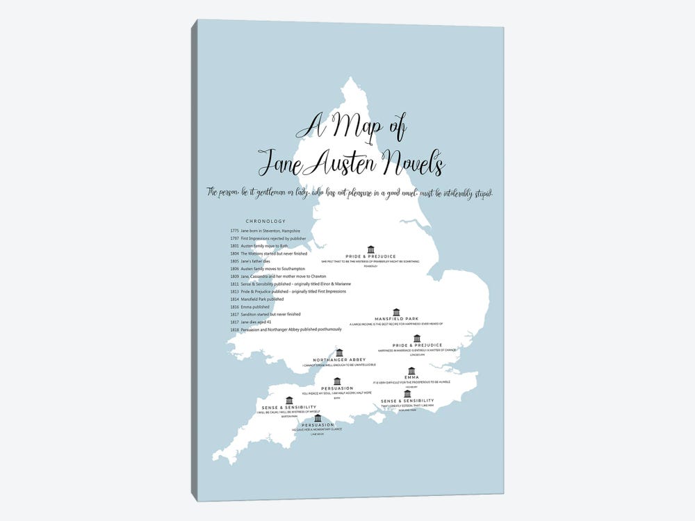 Map Of Jane Austen Novels by Bibliotography 1-piece Canvas Art