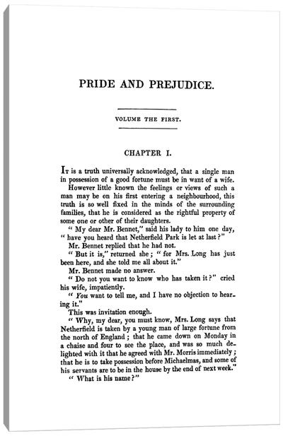 Pride And Prejudice By Jane Austen Book Page Canvas Art Print - Literature