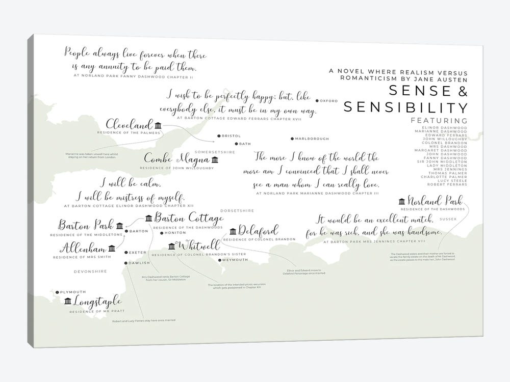 Sense And Sensibility Infographic by Bibliotography 1-piece Canvas Print