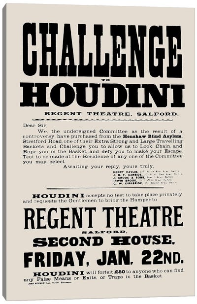 Harry Houdini Challenge Canvas Art Print - Bibliotography