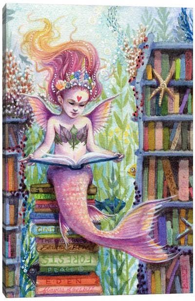 The Library Mermaid Canvas Art Print - Coral Art