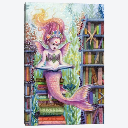 The Library Mermaid Canvas Print #BIE77} by Sara Burrier Canvas Wall Art
