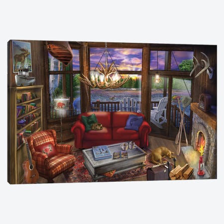 Evening In The Cabin Canvas Print #BII16} by Bigelow Illustrations Canvas Artwork