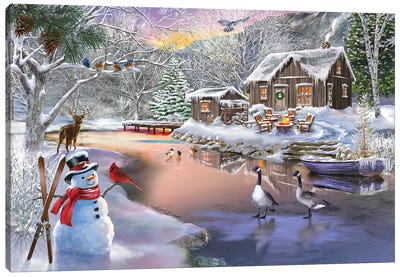 Winter Cabin II Canvas Art Print - Snowman Art