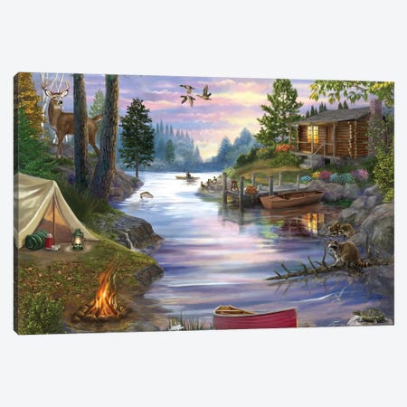 Cabin Lake Canvas Print #BII9} by Bigelow Illustrations Canvas Wall Art