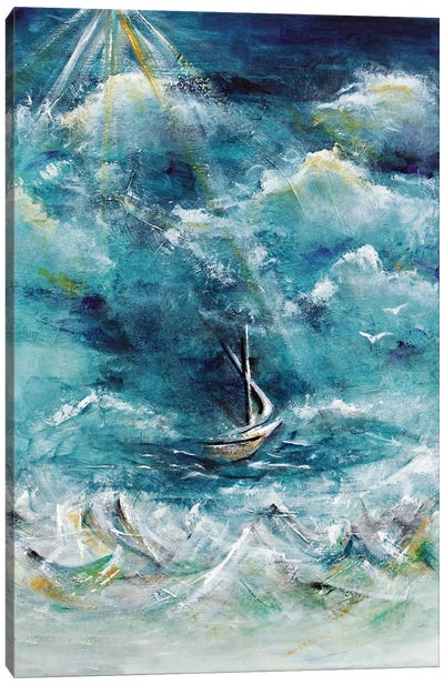 Boat In The Storm, Jesus Calming The Sea Canvas Art Print - Angela Bisson