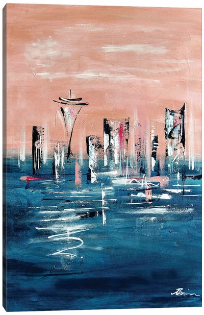 Midcentury Seattle Skyline Rose Gold Pink Canvas Art Print - Angela Bisson