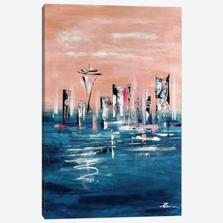 Midcentury Seattle Skyline Rose Gold Pink Canvas Print #BIS38} by Angela Bisson Canvas Print