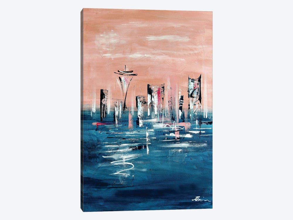 Midcentury Seattle Skyline Rose Gold Pink by Angela Bisson 1-piece Canvas Print