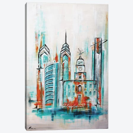 Philadelphia Skyline Midcentury Teal Blue Orange Canvas Print #BIS65} by Angela Bisson Art Print