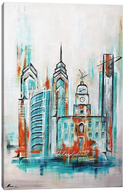 Philadelphia Skyline Midcentury Teal Blue Orange Canvas Art Print - Philadelphia Skylines