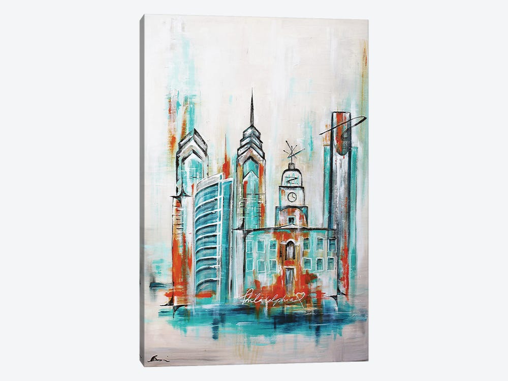 Philadelphia Skyline Midcentury Teal Blue Orange by Angela Bisson 1-piece Canvas Print