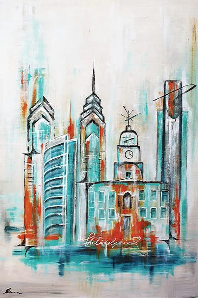 Angela Bisson: Philadelphia Skyline Midcentury Teal Blue Orange by Angela Bisson